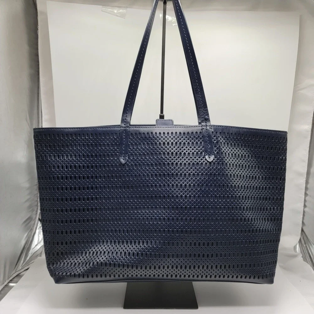 Brooks Brothers Navy Perforated Laser Cut Leather Tote Shoulder Purse Bag